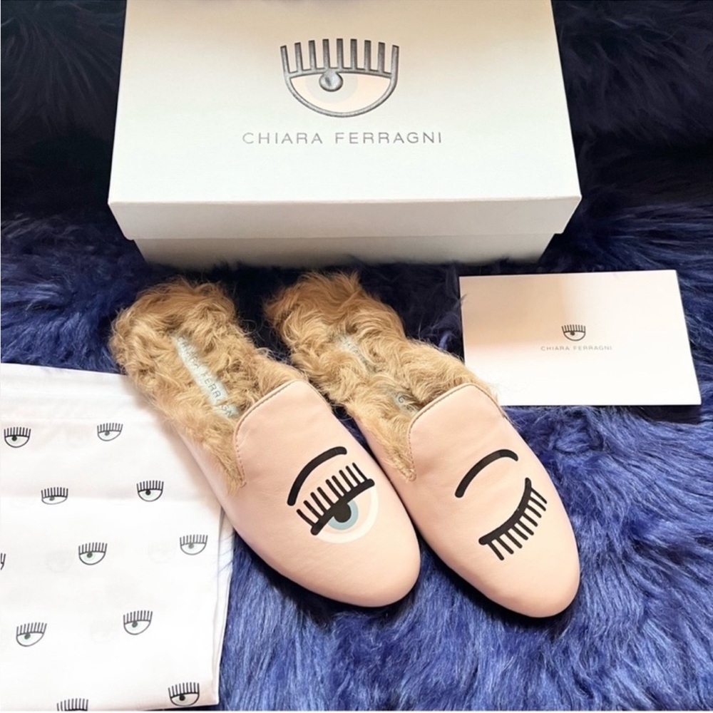 New! CHIARA FERRAGNI Flirting Eye Fur Leather Mules